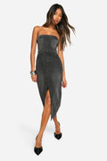 Denim Bandeau Split Front Midi Dress
