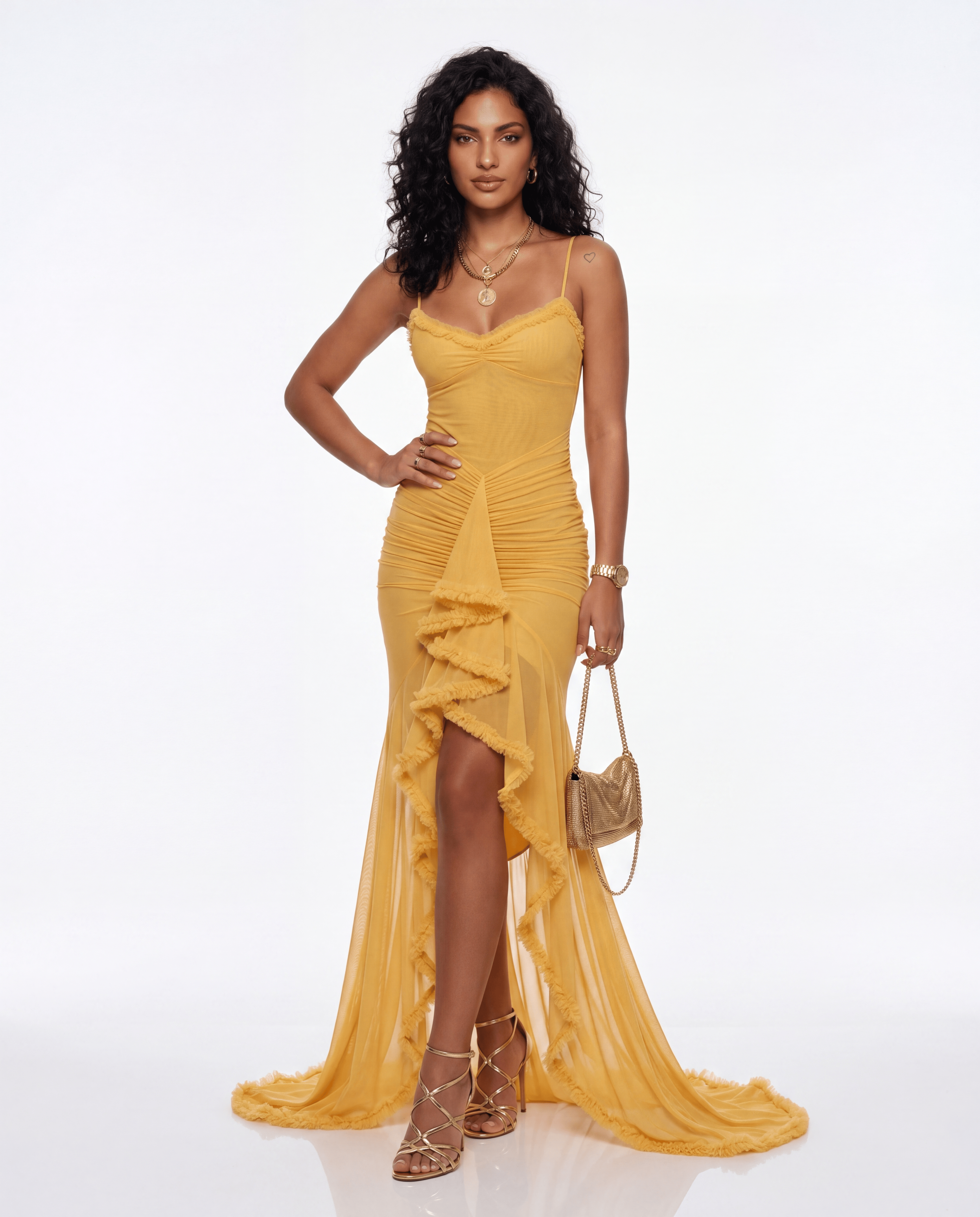 Sunshine Ruffle Mesh Maxi Dress - Yellow